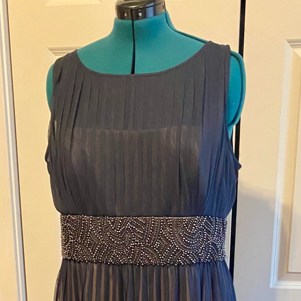Navy Pleated Sheer Beaded Full-Length Gown